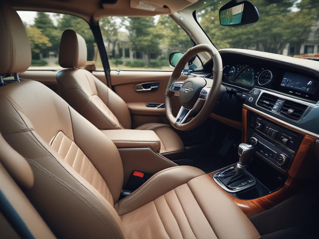 A professional detailer focused on cleaning the interior of a car, showcasing the immaculate seats and dashboard. The background should be a clean, well-lit garage setting, emphasizing the attention to detail and high-quality service provided.