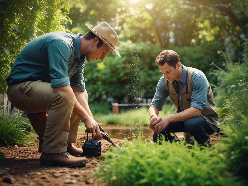 A skilled technician inspecting an irrigation system in a lush garden. The image should show the technician in natural work attire, focusing on the irrigation system, with vibrant green plants and flowers in the background. The lighting should be natural, highlighting the earthy tones and textures of the landscape.
