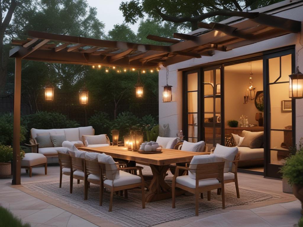 A beautifully lit outdoor patio at dusk, showcasing elegant lighting fixtures that highlight the surrounding trees and seating area. The scene should evoke a warm, inviting atmosphere with natural elements and soft shadows, creating a serene and enchanting outdoor space.
