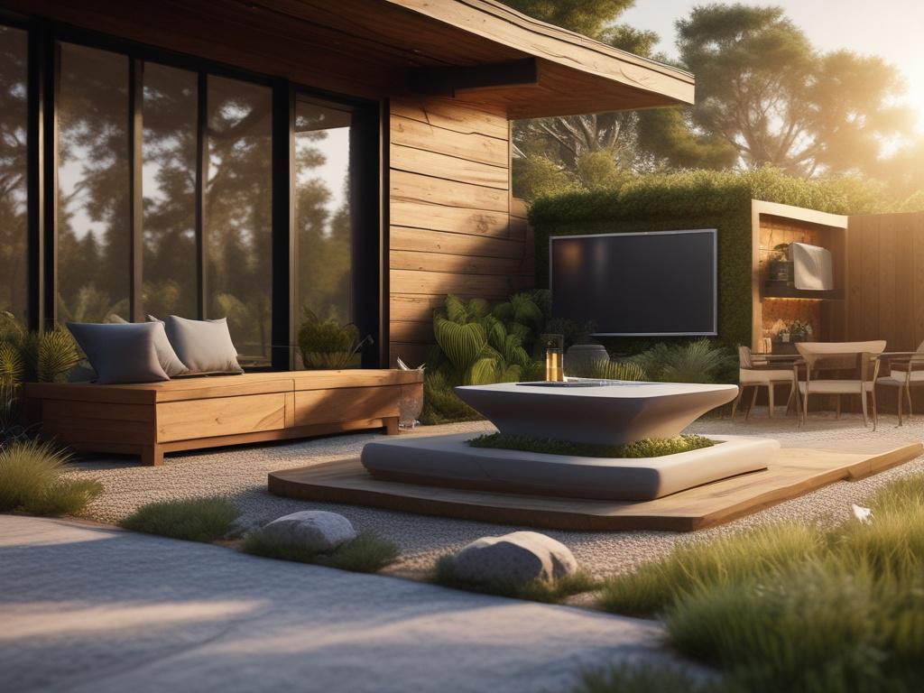 Create a realistic high-resolution photo of a modern outdoor smart technology setup. The focus should be on a sleek smart home hub placed on a rustic wooden table in a beautifully landscaped garden. Include elements like outdoor lighting and an alarm system visibly integrated into the landscape. The background should be a serene outdoor environment featuring natural tones and earthy textures, complemented by the primary color rgb(193, 153, 87) subtly incorporated into the scene.