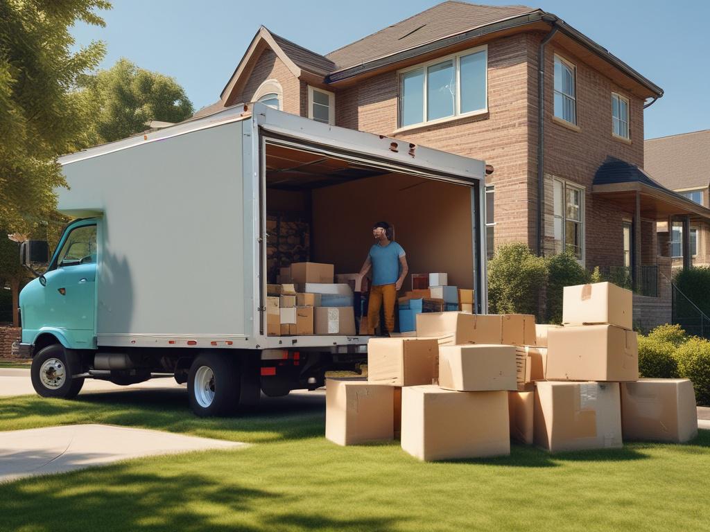 A professional mover carefully packing household items into a moving truck. The scene shows a bright, sunny day with a clear blue sky. The truck is parked in a residential neighborhood, surrounded by green lawns and trees. The mover, a young adult in a branded uniform, is lifting a box with a smile, showcasing the friendly and efficient service. The focus is on the mover and the truck, with soft, natural light highlighting the scene.