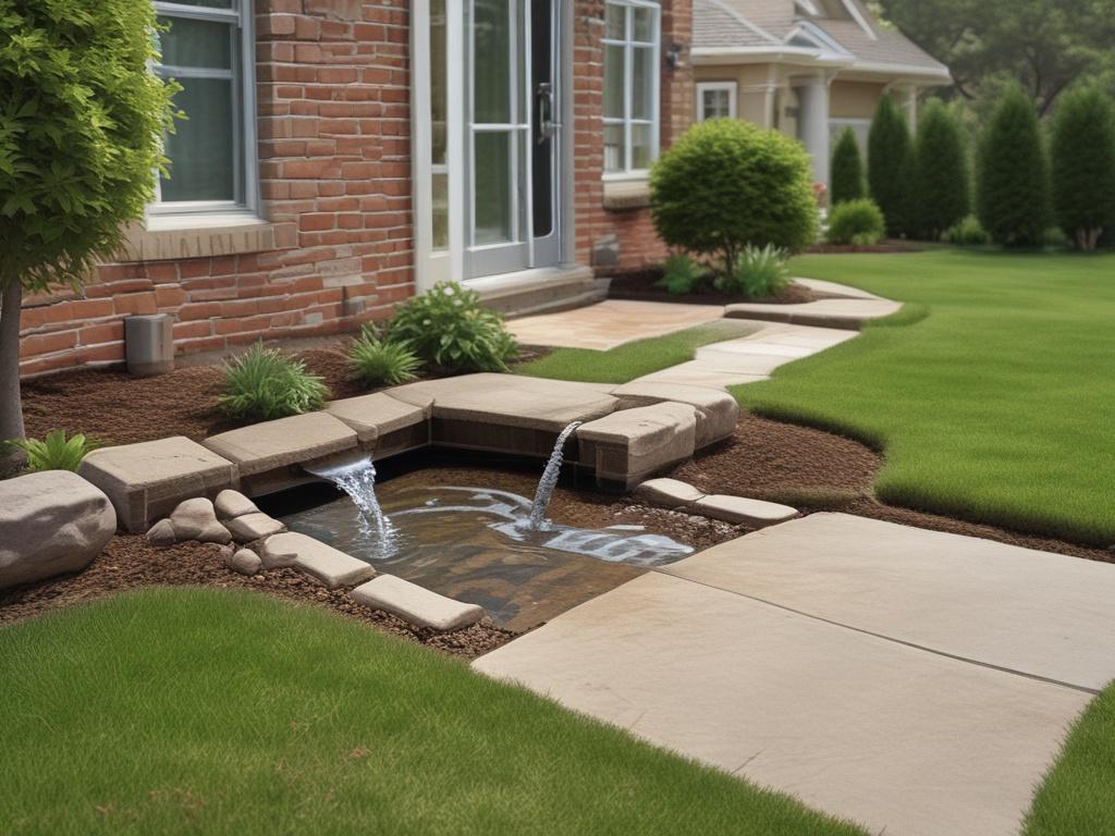 Create a high-resolution image focusing on a well-designed yard drainage system. The image should show a clean, functional downspout directing water away from a lush green lawn, with a yard drain visible in the foreground. The surrounding landscape should feature earthy textures, like mulch and stones, complemented by natural lighting that highlights the greenery. The composition should be simple and clear, focusing solely on the drainage elements in a rustic outdoor setting.