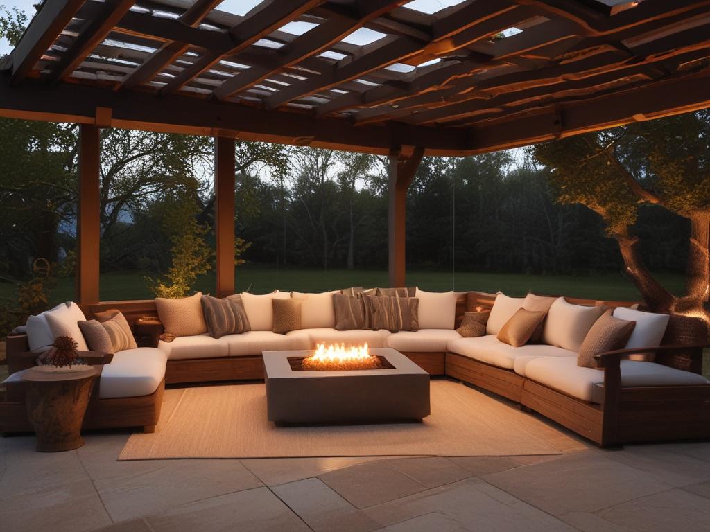 A beautifully designed outdoor space at dusk, showcasing elegant custom outdoor lighting illuminating the area with a warm, inviting glow. In the foreground, a high-performance hidden audio speaker blends seamlessly into the surroundings, emphasizing a natural aesthetic. The background features lush greenery and rustic textures, creating an atmosphere perfect for summer nights and gatherings. The overall color scheme should reflect earthy tones, with the primary color being rgb(50, 170, 39) to enhance the o