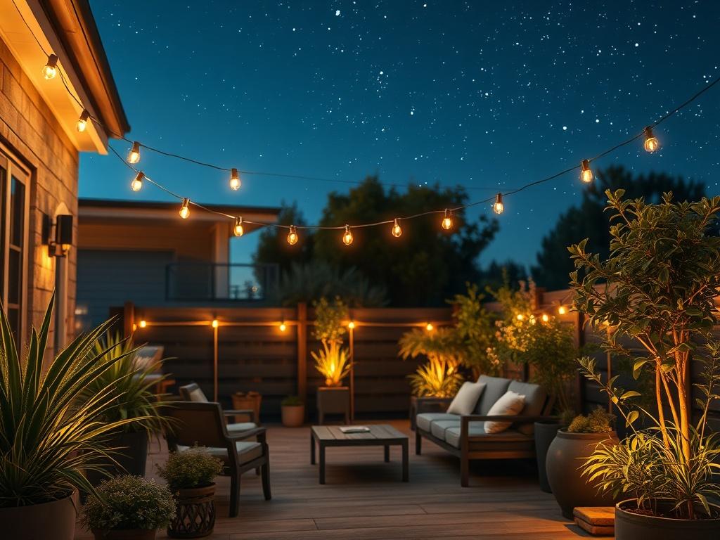 An elegantly lit outdoor patio with string lights and soft garden lights illuminating surrounding plants. The setting includes a cozy seating area, creating a warm and inviting atmosphere for evening gatherings. The background showcases a clear night sky filled with stars, enhancing the enchanting feel of the outdoor space.