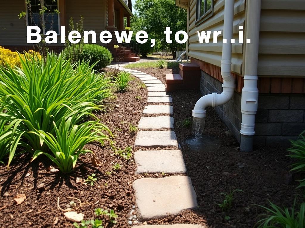 A well-designed drainage system in a landscaped garden, showcasing effective water management. The scene illustrates downspouts directing rainwater away from the home, surrounded by healthy plants and a clear path. The background includes a sunny day, highlighting the effectiveness of the drainage solution.