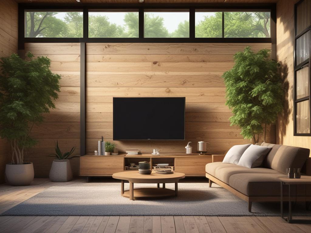 A high-resolution image of a modern flat-screen television securely mounted on a rustic wooden wall. The background shows an inviting outdoor patio with natural lighting, lush greenery, and comfortable seating, creating a cozy ambiance for outdoor entertainment. The television is the focal point of the image, showcasing a clean and clutter-free setup.
