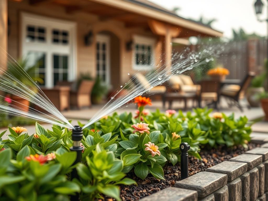 Create a realistic high-resolution image that illustrates the theme of "Maximizing Your Outdoor Space with Irrigation." The image should focus on a beautifully landscaped garden featuring a single, vibrant green garden bed with lush flowers and plants. In the foreground, highlight a state-of-the-art irrigation system visibly watering the plants, demonstrating its effectiveness and impact on outdoor living.

The background should consist of soft, blurred outlines of a cozy outdoor living space, such as a stylish patio with rustic furniture and warm, earthy tones, enhancing the inviting atmosphere. To further convey the concept of effective irrigation, include droplets of water glistening on the leaves, showcasing the freshness and vitality that irrigation brings to the garden.

Ensure the composition is simple and clear, placing the garden bed and irrigation system centrally in the frame, allowing viewers to easily appreciate the interplay between the irrigation and the flourishing plants. The overall color palette should consist of natural tones, including greens, browns, and a hint of vibrant floral colors, harmonizing with a rustic aesthetic that speaks to an enhanced outdoor living experience.