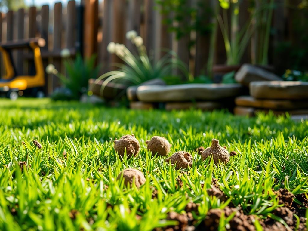 A close-up of a vibrant green lawn after core aeration, showcasing several small soil cores extracted from the ground. The background features a rustic wooden fence and natural landscaping elements, with soft sunlight illuminating the scene. The colors should be earthy and natural, evoking a sense of lushness and vitality.