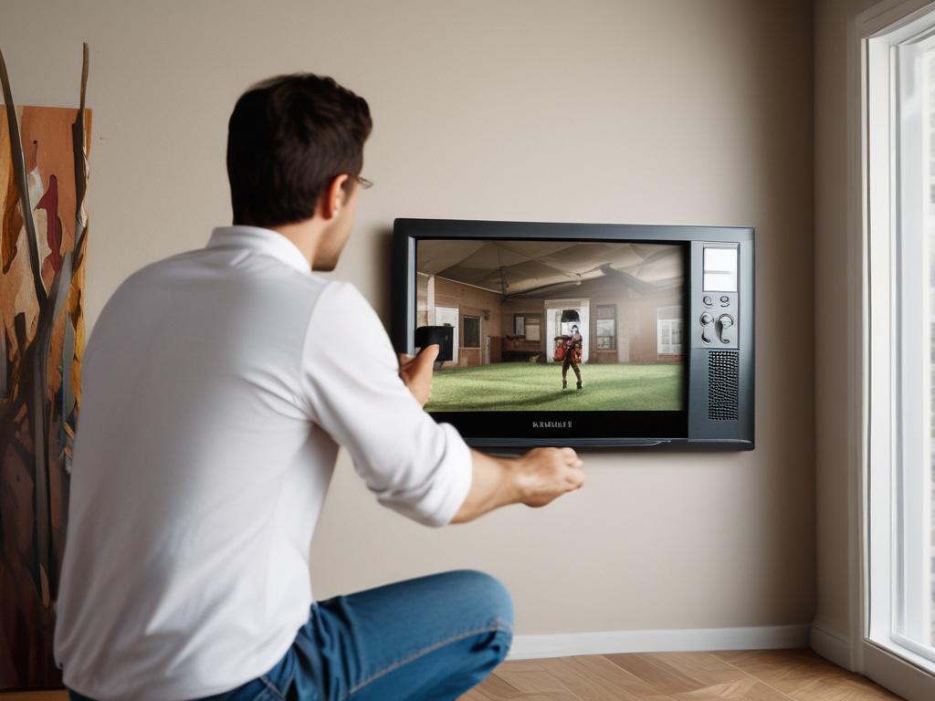 Create a realistic high-resolution image of a professional technician mounting a flat-screen television on a living room wall. The technician should be shown in action, using tools like a level and drill, with a focus on the TV being securely attached. The background should feature a cozy living room setting with earthy textures, such as wooden furniture and soft, natural lighting. The color palette should include warm, rustic tones that complement the primary color rgb(193, 153, 87), creating a grounded ae