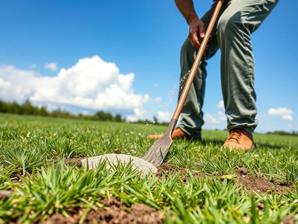 A high-resolution photo of a lush, green lawn being overseeded. The image should focus on a gardener sowing grass seed over a vibrant lawn with patches of bare soil. The background should feature a clear blue sky and a few fluffy white clouds, enhancing the fresh, outdoor feel. The composition should be simple and clear, showcasing the act of overseeding in a natural and inviting environment.
