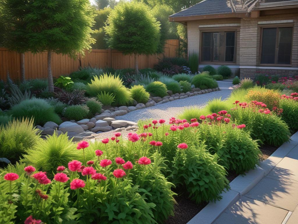 A close-up view of a lush garden featuring a newly installed irrigation system. The image should showcase the irrigation pipes and sprinkler heads, integrated seamlessly into the vibrant greenery. The background should display various colorful plants and flowers, illuminated by soft natural light, enhancing the earthy tones of the garden.
