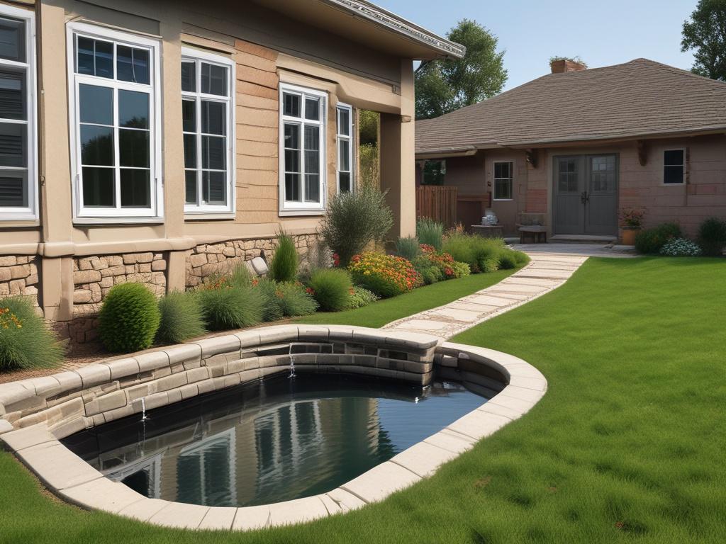 A clear view of a well-designed drainage system in a landscaped yard. The image should depict downspouts directing water away from the house and into a drainage channel, surrounded by healthy grass and plants. The setting should be bright and sunny, emphasizing the functional beauty of the drainage solution.