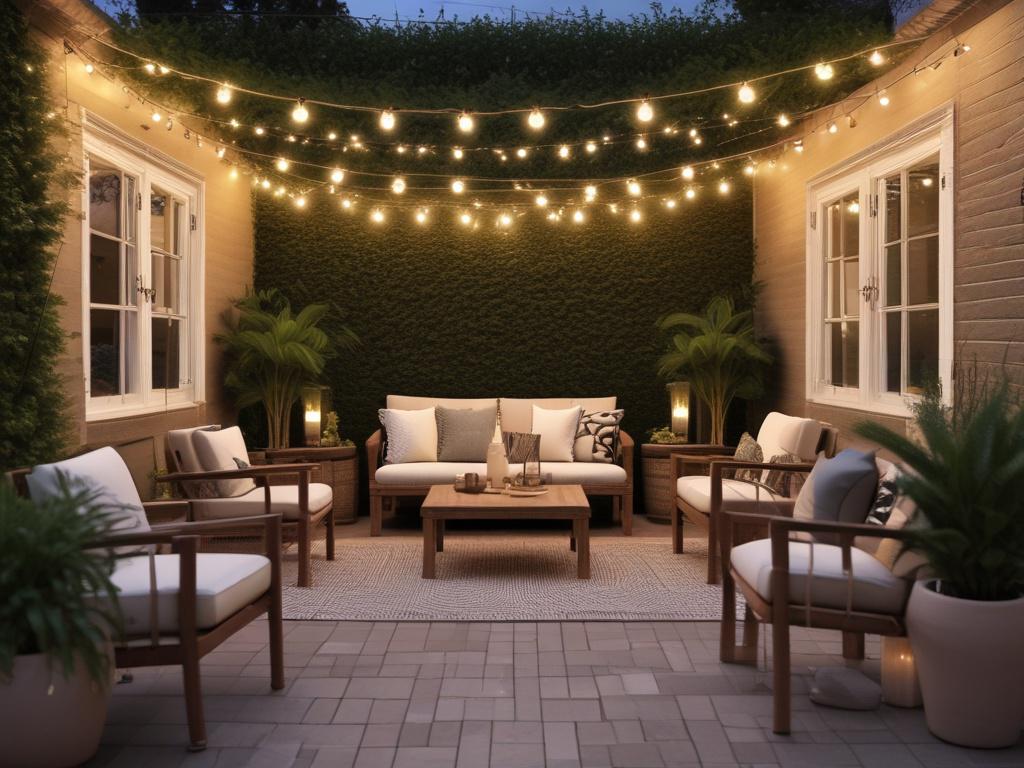 A beautifully lit outdoor patio at dusk, showcasing elegant string lights draped overhead. The soft glow highlights stylish outdoor furniture and potted plants, creating a warm and inviting atmosphere. The background should feature a well-maintained garden with subtle landscape lighting illuminating pathways, enhancing the rustic charm of the setting.
