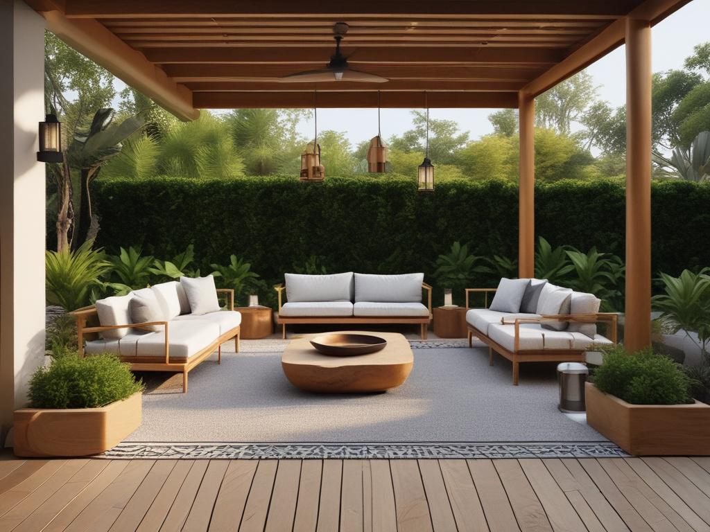 Create a realistic high-resolution image showcasing a luxurious outdoor audio setup featuring Sonos’s Garden Series speakers. The composition should include a beautifully landscaped backyard with lush greenery and a stylish patio area. The speaker should be prominently placed, demonstrating its sleek design and integration into the outdoor environment. The background should capture a serene evening ambiance with soft lighting, enhancing the rustic aesthetic and natural tones.