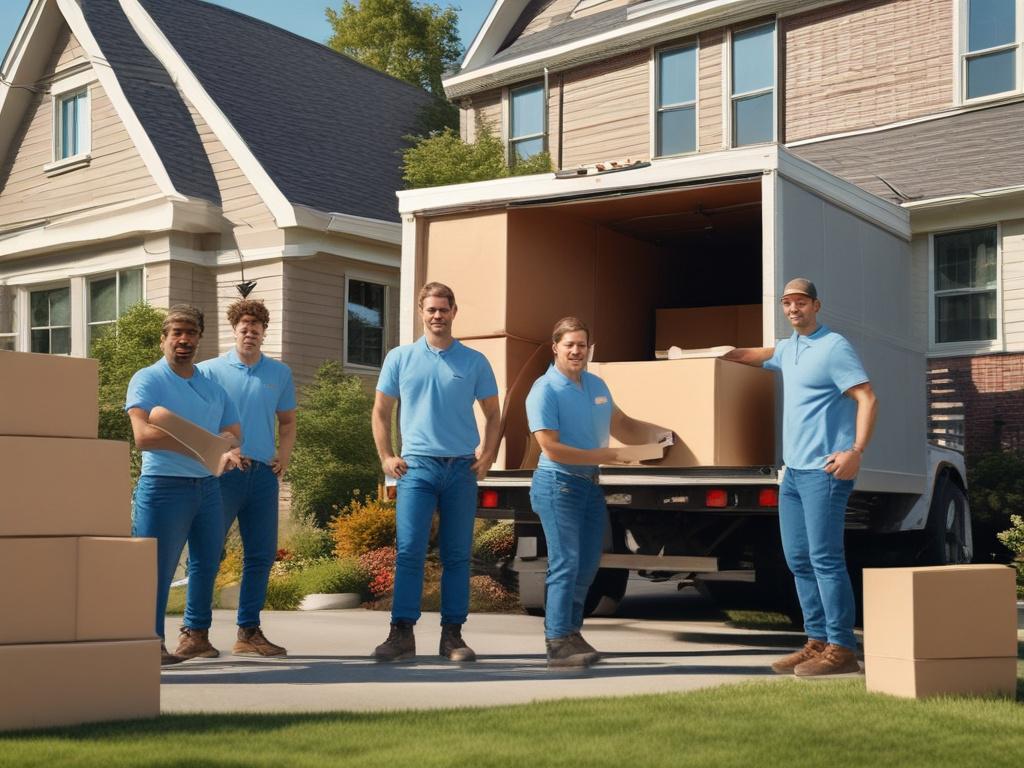 A friendly and professional moving crew lifting a large, cardboard box into a moving truck in a suburban neighborhood. The scene is bright and sunny, showcasing a well-maintained yard and a clear blue sky. The crew is dressed in casual, branded t-shirts, displaying teamwork and efficiency. The truck is prominently visible, parked on the driveway, with some greenery in the background to emphasize the outdoor setting. Aim for warm, earthy tones to convey a sense of reliability and approachability.