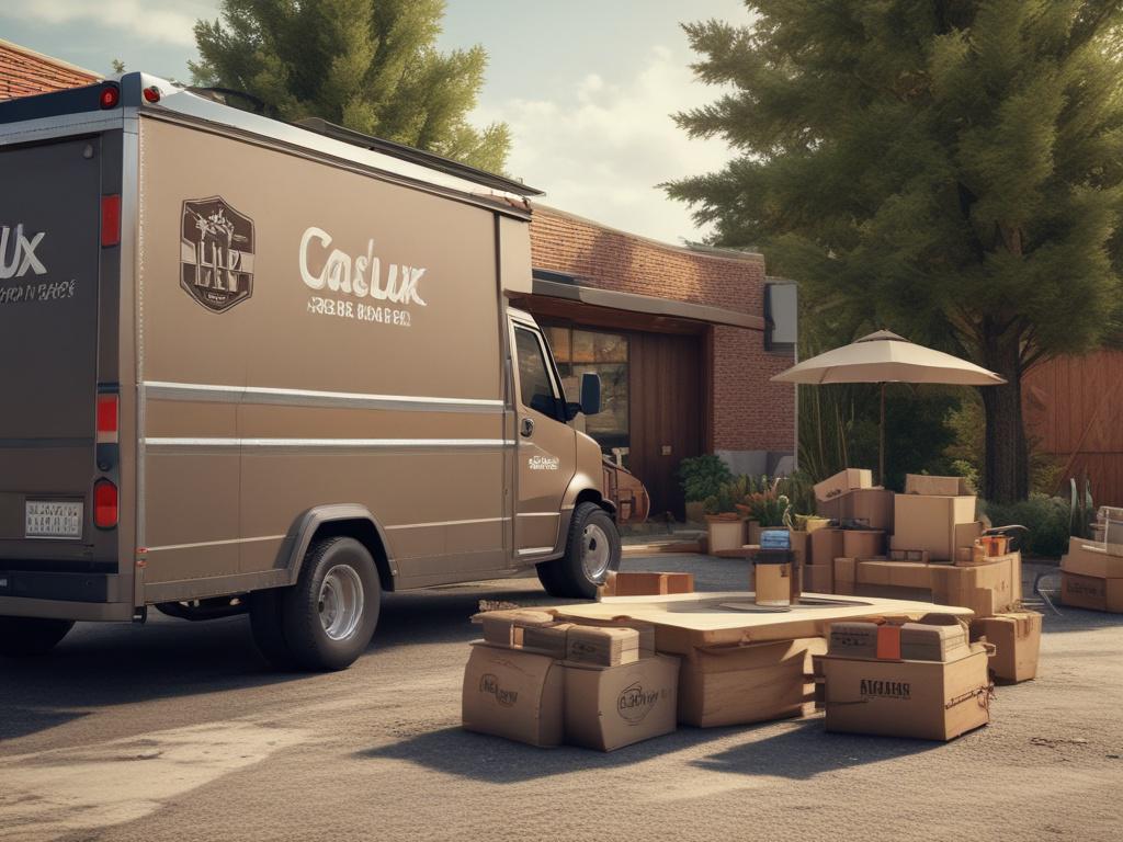 A realistic high-resolution image of a clean and organized outdoor space with a junk removal truck parked nearby. The truck is well-branded with the CasaLux logo. In the background, there is a neatly cleared area showing yard waste and old furniture being loaded onto the truck. The setting is bright and sunny, with earthy tones and textures, depicting a clutter-free environment. The image should have a grounded, rustic aesthetic style, and should not contain any text or abstract shapes.