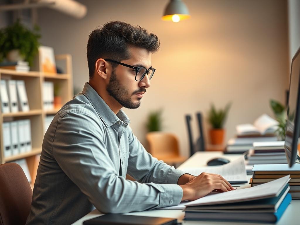 A close-up shot of a professional curriculum developer at work, focused on creating educational materials. The individual is seated at a modern desk, surrounded by educational resources such as textbooks and digital devices. The background features a well-organized workspace with a touch of greenery. The lighting is warm and inviting, and the setting conveys a sense of professionalism and dedication. The image should reflect a realistic atmosphere, shot with a 45mm f/1.2 lens style.