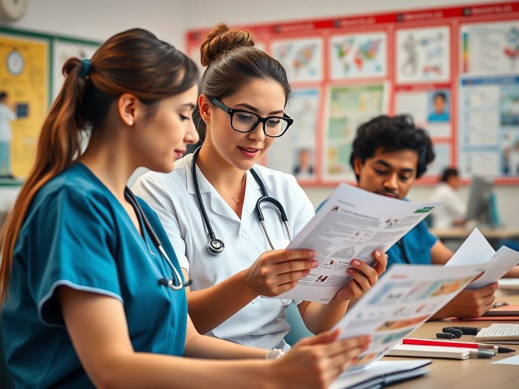 A hyper realistic close up of a nursing instructor reviewing