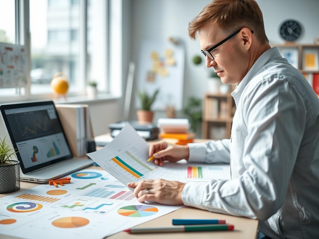 An educational designer working on a curriculum blueprint with colorful