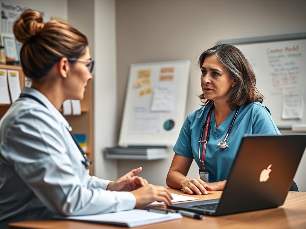 A professional setting featuring a nurse and a curriculum developer