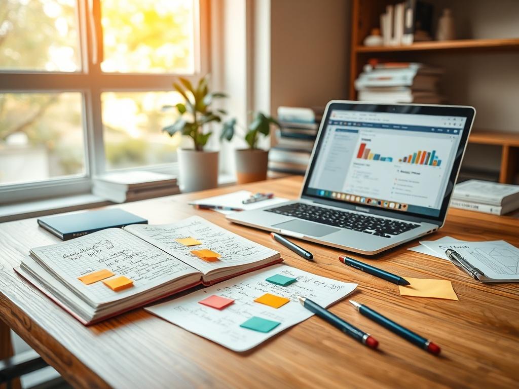 **Prompt for AI Image Generator:**

Create a realistic, high-resolution photo that visually represents the theme of "Essential Elements of Effective Curriculum Development." The composition should be simple and clear, focusing solely on one subject: a well-organized workspace for curriculum design.  

The subject matter should include a wooden desk that showcases an open notebook filled with handwritten notes, colorful sticky notes, and a few pens scattered around. Include a laptop on the desk displaying an