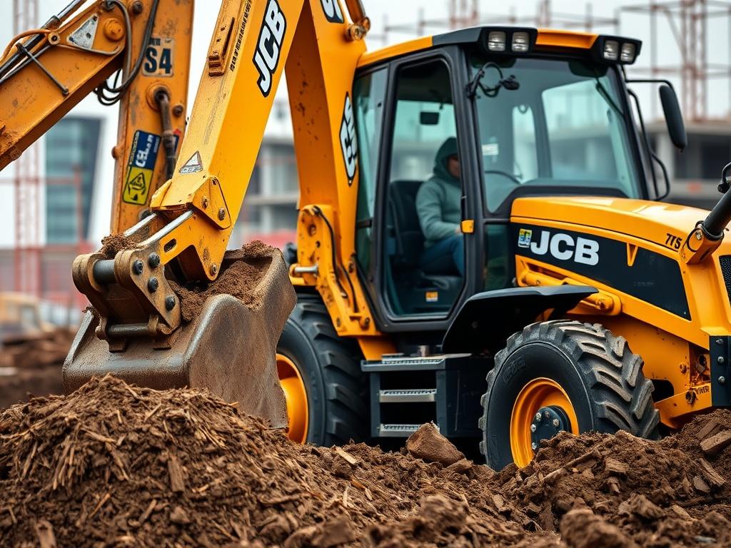 A detailed close up of a JCB Backhoe Loader in