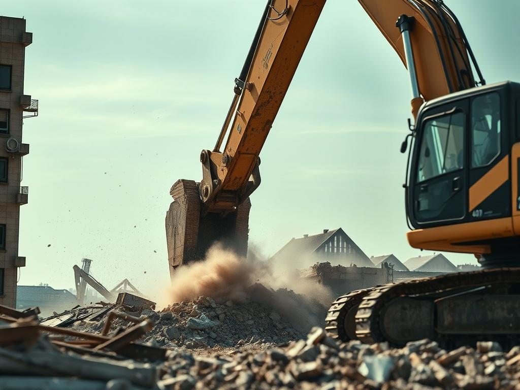 A close up shot of a demolition site, focusing on