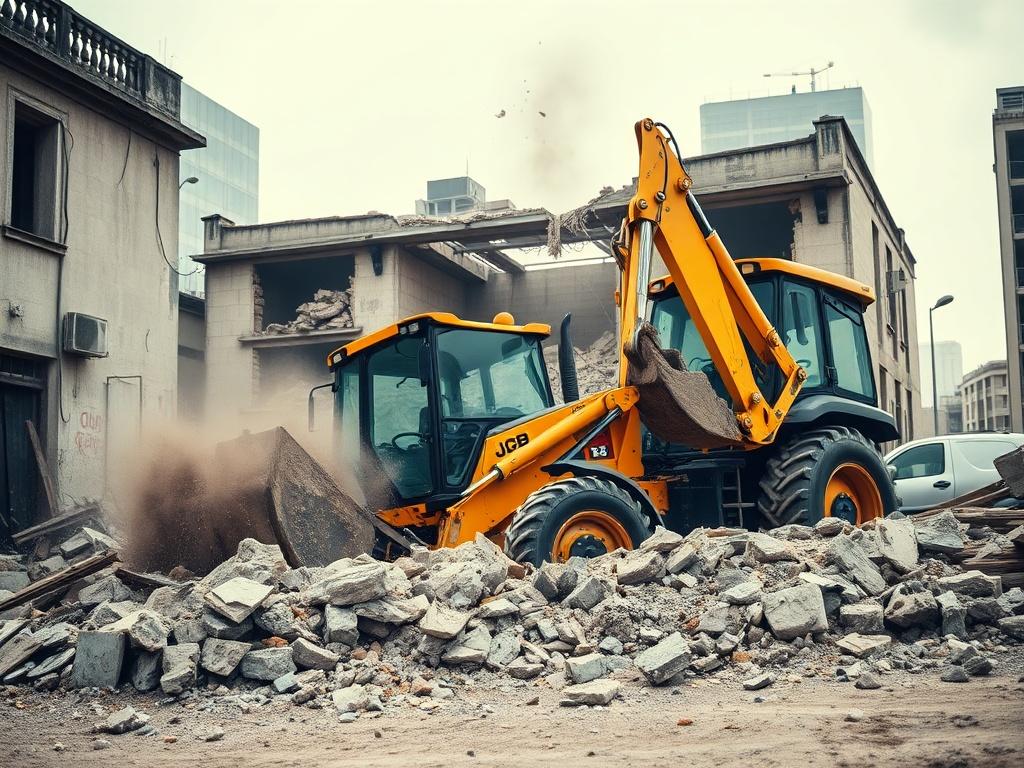 A close up shot of a JCB Backhoe Loader demolishing