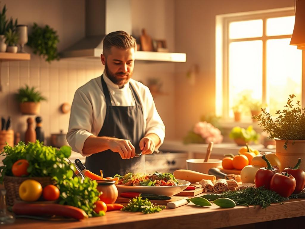 A cozy kitchen setting with a chef demonstrating cooking techniques, surrounded by fresh ingredients like vegetables and herbs. The background features warm golden hues and soft lighting, creating a serene atmosphere. The chef is engaged in preparing a dish, with a focus on the vibrant colors of the ingredients. The scene conveys a sense of warmth and passion for cooking.