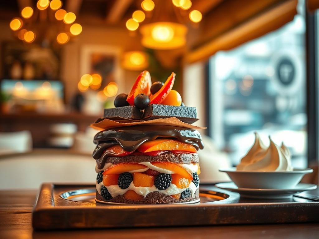 An elegantly presented dessert with vibrant colors, featuring layers of chocolate and fruit, placed in a cozy restaurant setting with soft lighting. The background conveys warmth and an inviting atmosphere.
