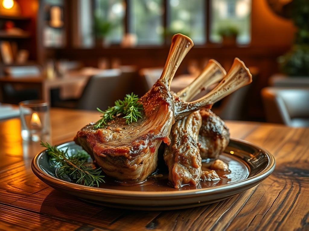 A beautifully plated lamb rack garnished with fresh herbs, served on a rustic wooden table. The background features a cozy restaurant setting, with warm golden hues and soft lighting, creating an inviting atmosphere.