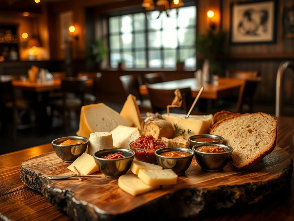 A beautifully arranged cheese platter with various cheeses, accompanied by homemade chutneys and fresh bread, set on a rustic wooden table in a warm restaurant ambiance.