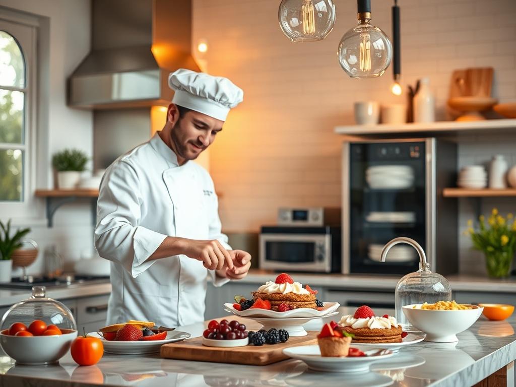 A bright and inviting kitchen setting with a chef demonstrating dessert preparation, showcasing colorful ingredients and beautifully crafted desserts, soft golden hues and warm lighting.