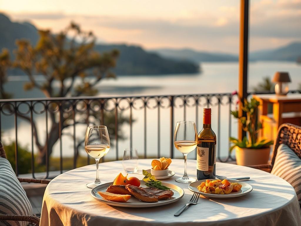 A cozy outdoor terrace overlooking a lake, with a beautifully set table showcasing wine glasses, a bottle of wine, and gourmet food, soft golden lighting and serene atmosphere.