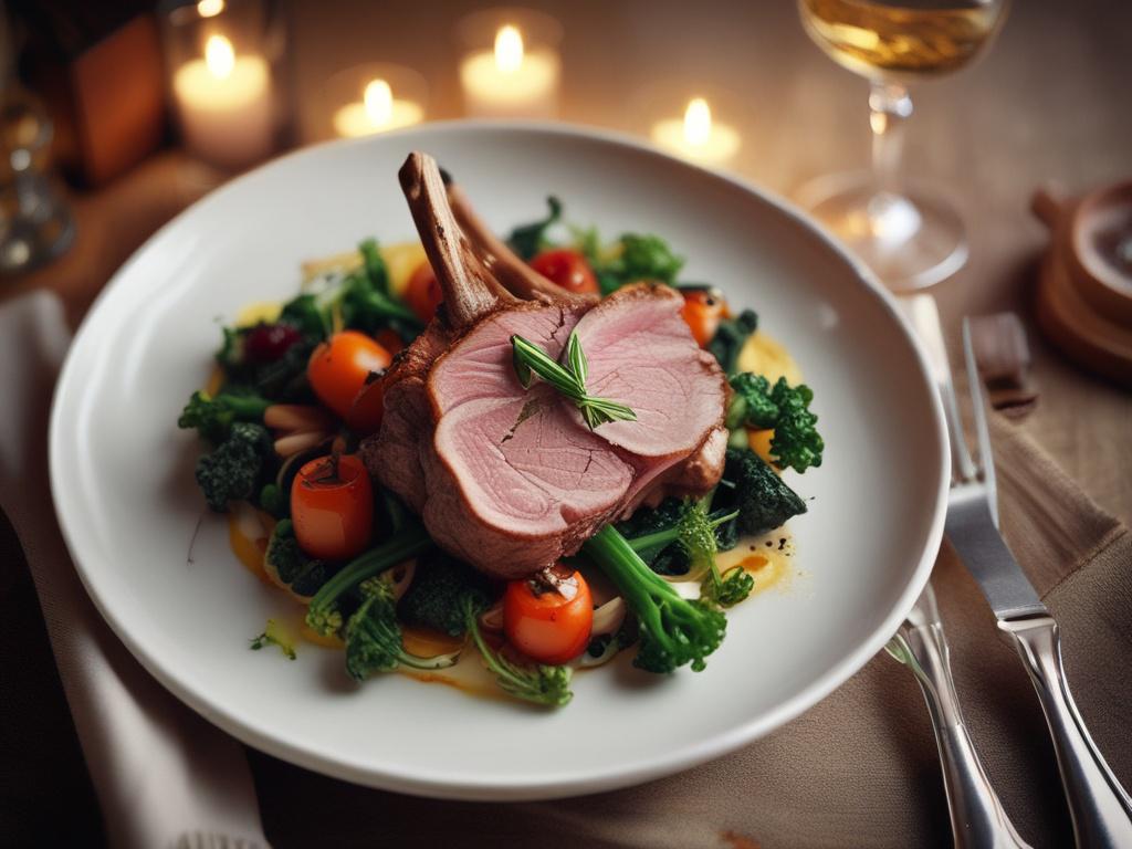 a beautifully plated dish of lamb rack with seasonal vegetables, soft lighting, serene atmosphere, cozy restaurant setting, high-resolution, golden hues