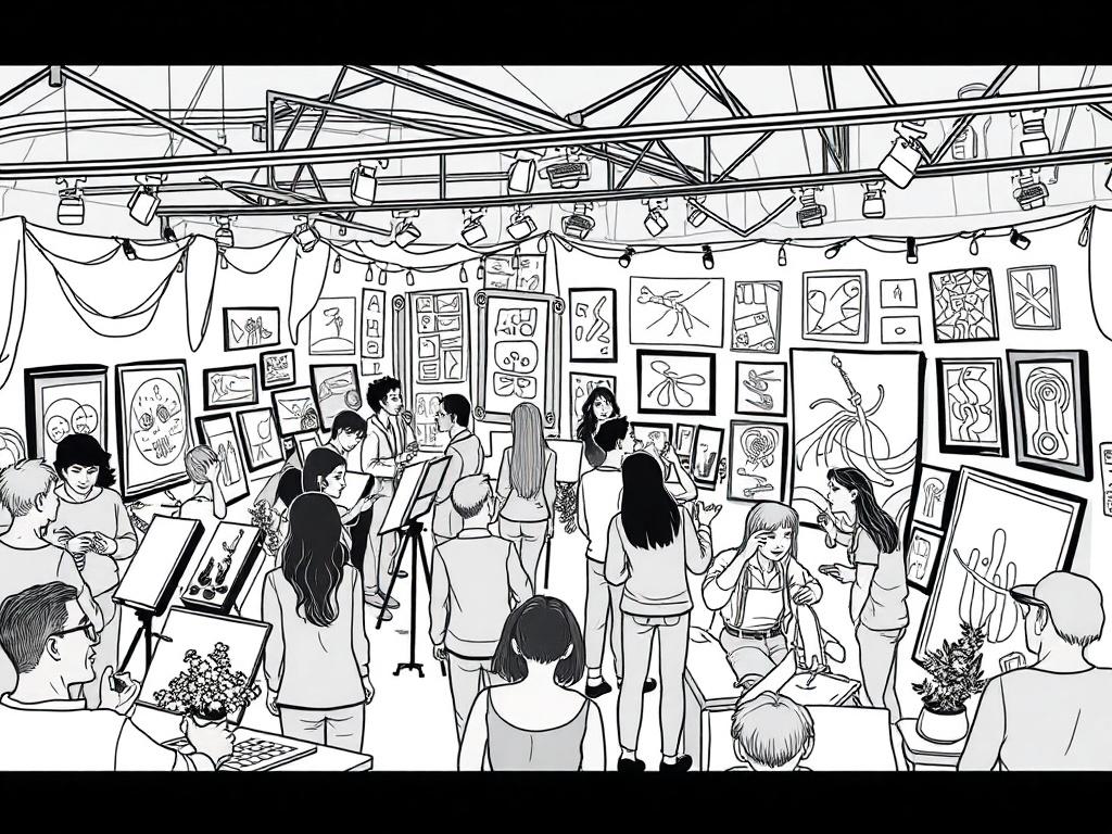 A high-quality illustration depicting an artistic event with various forms of art showcased, including visual arts and performances. The scene should feature artists at work, engaging the audience, and presenting their creations. The background should suggest a creative environment, filled with colors and artistic flair.