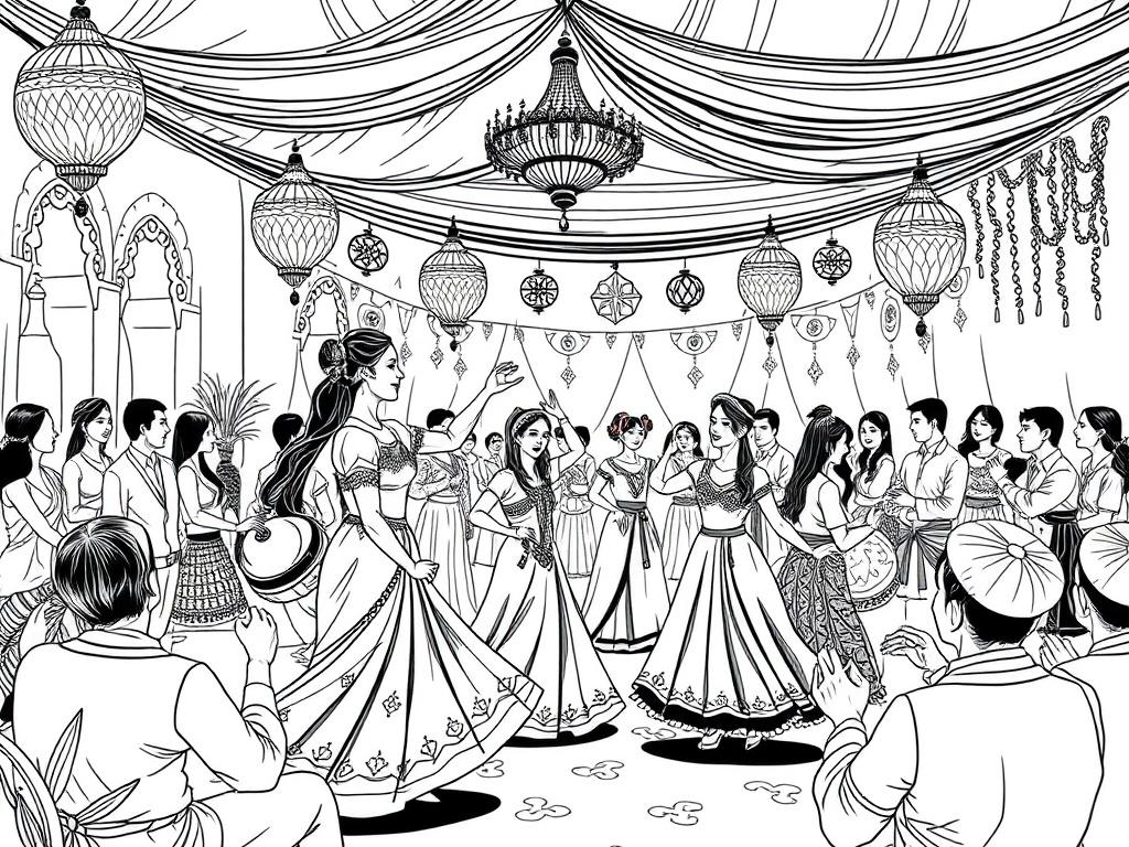 An elegant illustration capturing a vibrant cultural event scene, with traditional Moroccan elements and modern artistic expressions. The composition should include dancers in traditional attire, an audience engaged in the performance, and decorations that reflect Moroccan culture. The background should suggest a festive atmosphere.