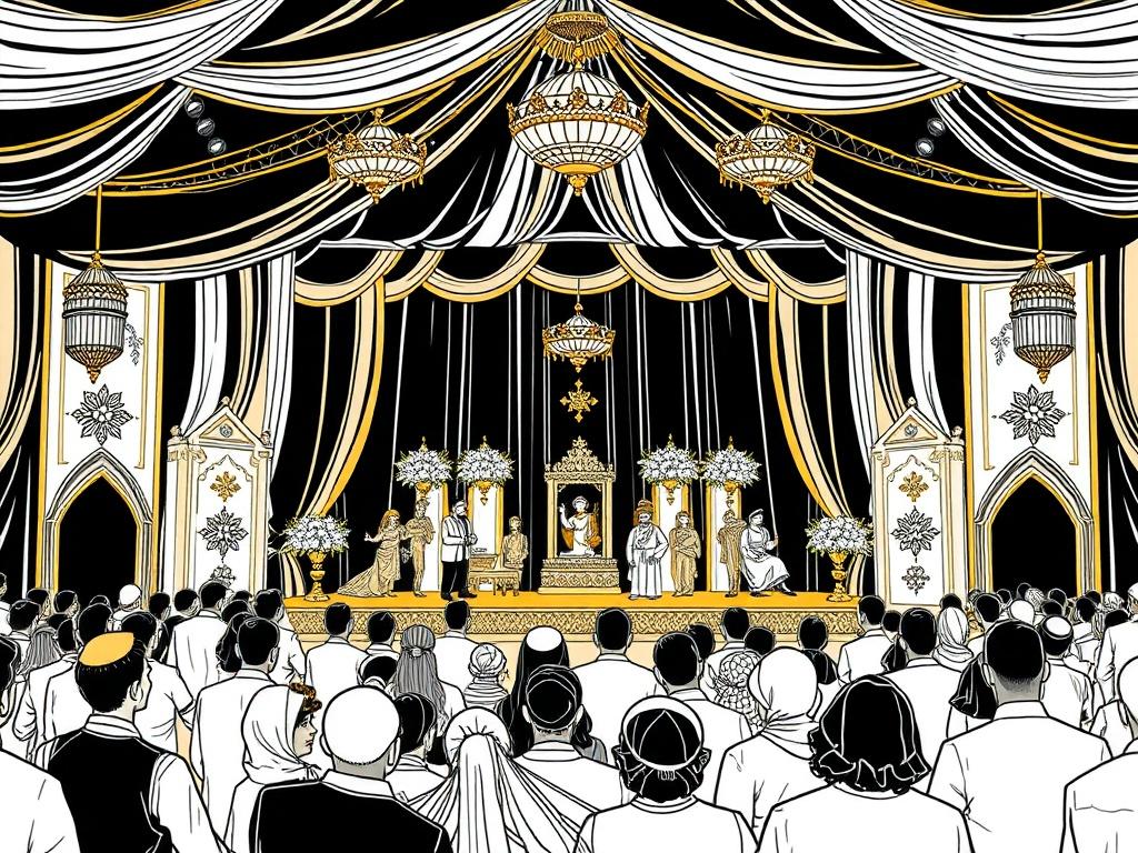 A sophisticated black and gold themed illustration of a cultural event setting, featuring traditional Moroccan and Canadian elements, with a stage and audience engaged in a vibrant atmosphere. The composition should be elegant, focusing on a single stage with cultural decorations, framed by a crowd enjoying the event.