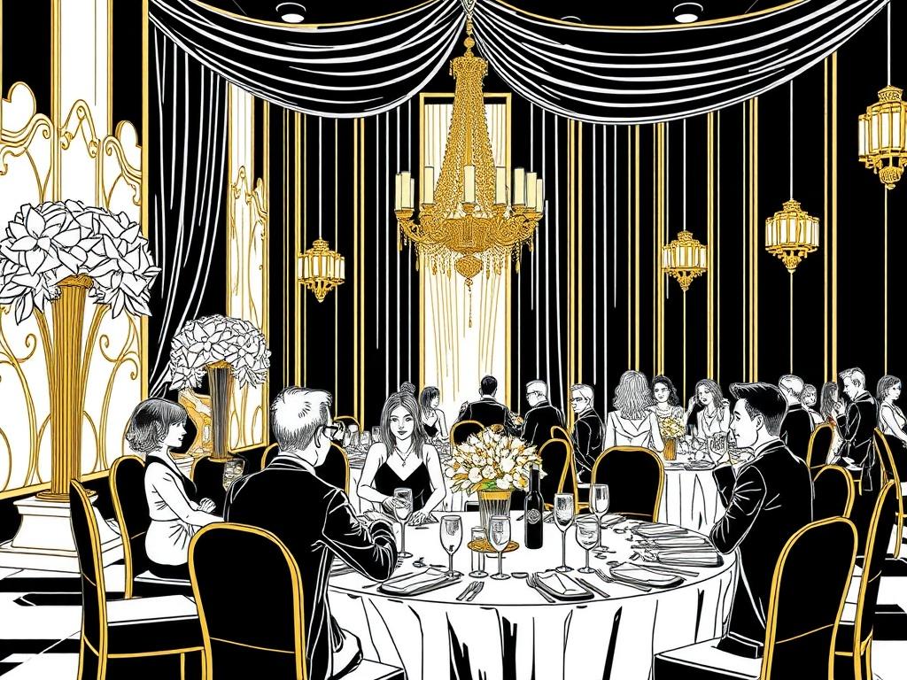 A luxurious black and gold themed illustration showcasing a high-end event setting, with elegant decorations, refined dining table, and guests in formal attire enjoying the ambiance. Focus on a single beautifully arranged table setting, with sophisticated elements highlighting the luxury theme.
