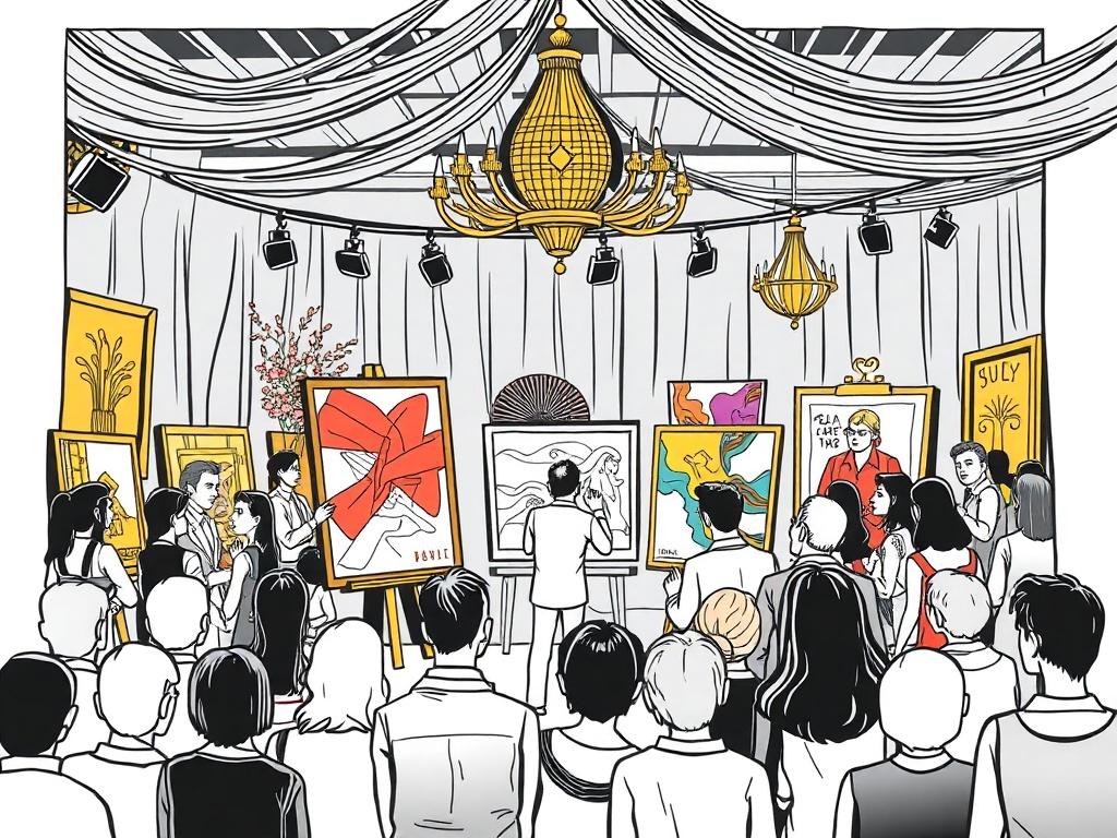 An elegant black and gold themed illustration depicting an artistic event with artists presenting their work, surrounded by an engaged audience. Focus on a single artist showcasing their art, with vibrant colors and artistic elements in the background to enhance the atmosphere.