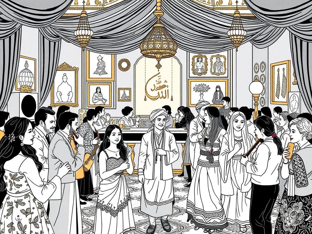 A detailed illustration of a cultural event with diverse people enjoying traditional Moroccan music and dance, set in an elegant venue decorated with black and gold accents, showcasing cultural artifacts and art pieces in the background.