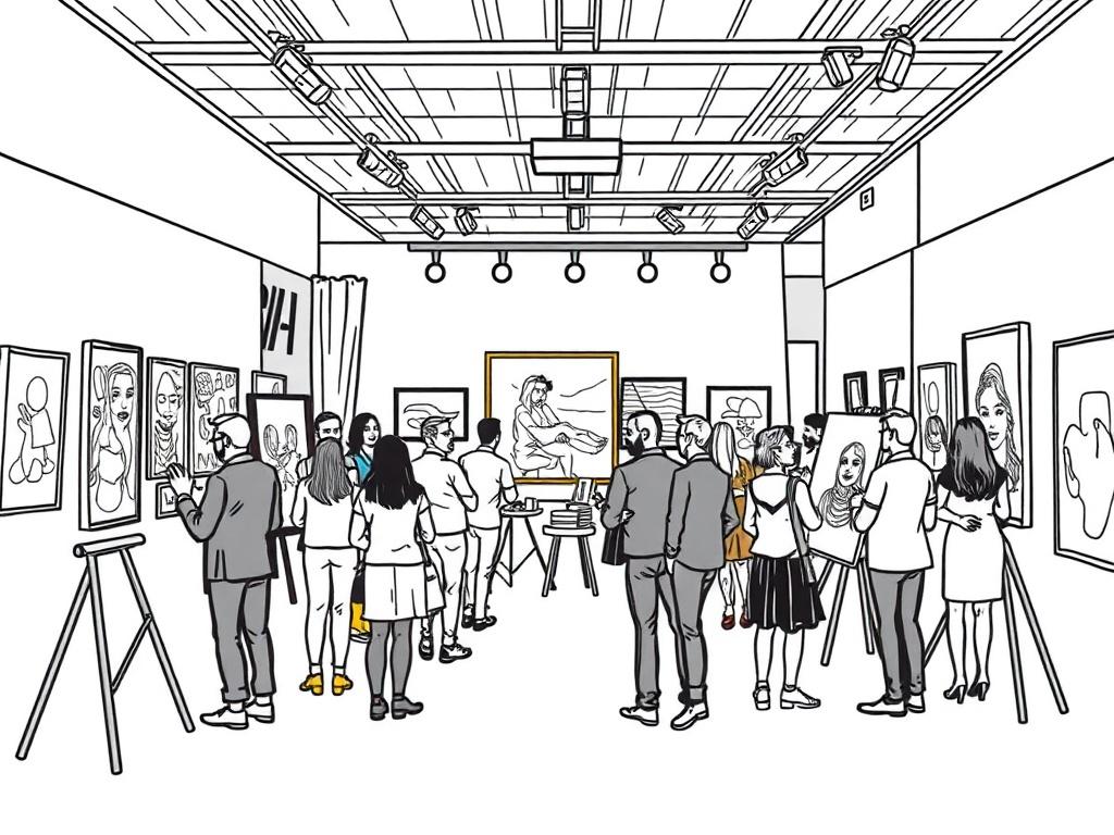 An illustration showcasing an artistic event with artists displaying their work, surrounded by engaged spectators in a stylish venue with black and gold elements, highlighting the vibrancy of the art.