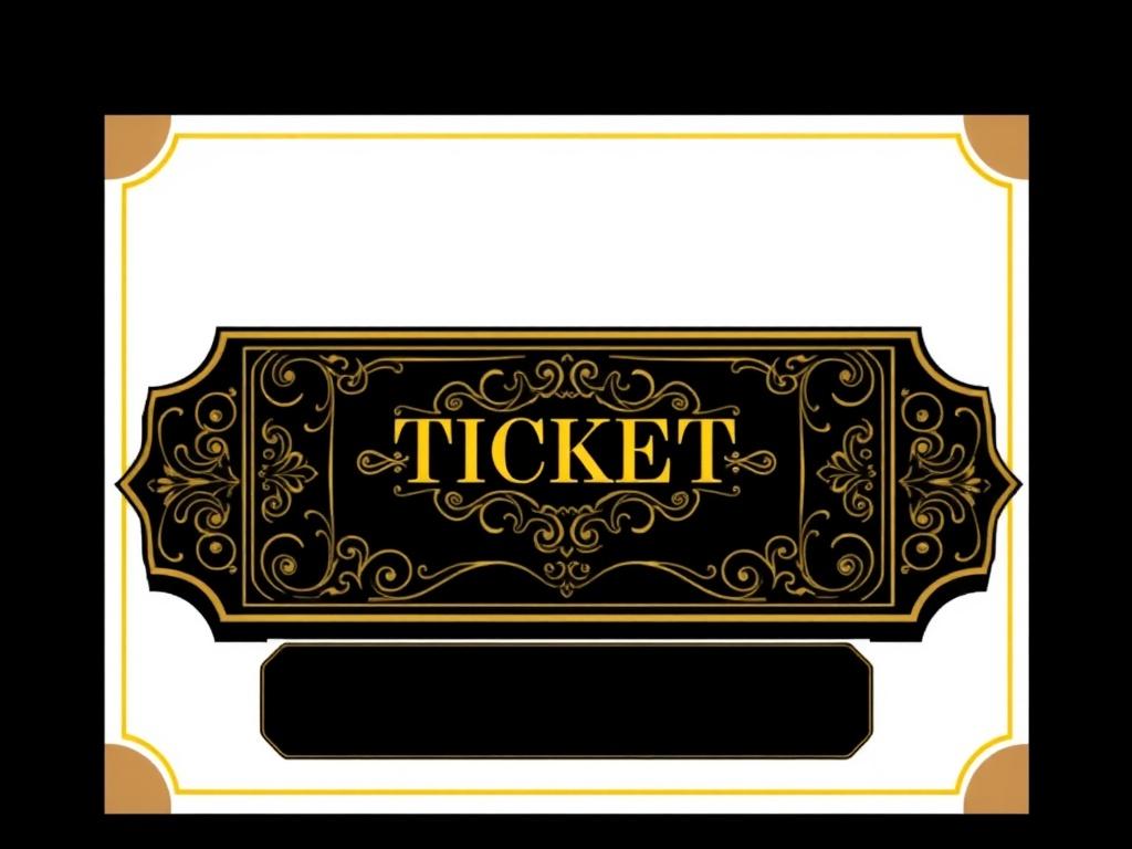 A sleek black and gold event ticket with intricate designs, showcasing elegance. The ticket has a classic shape and features ornate patterns and a luxurious finish. The background is simple, highlighting the ticket as the main focus.