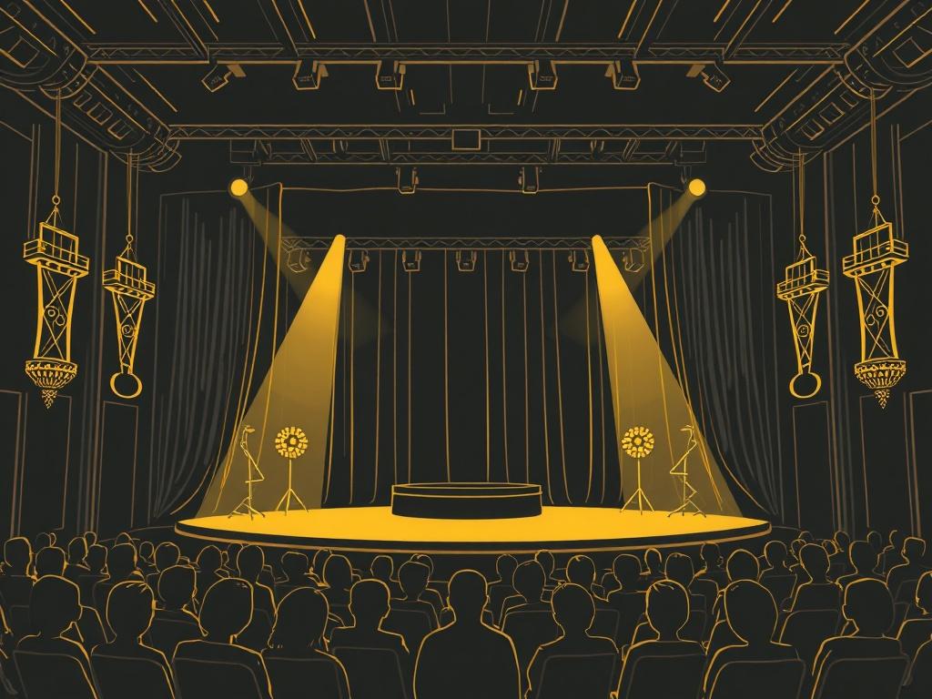 An elegant stage setup with sophisticated black and gold lighting, featuring dramatic effects and decorations. The stage is the focal point, surrounded by an audience, creating a captivating atmosphere.