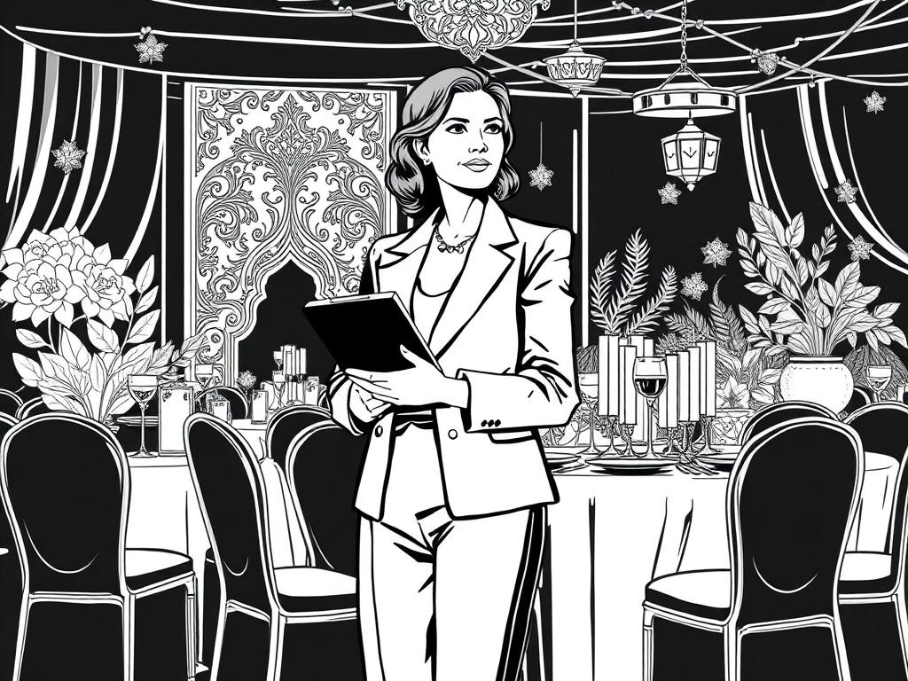 Create a high-quality illustration that embodies the essence of "L'Art de l'Événementiel Culturel." The composition should be simple and clear, featuring a single, elegant subject: a gracious event planner, confidently orchestrating a cultural gathering. The planner, dressed in a sophisticated, contemporary outfit, should be depicted holding a clipboard, surveying the beautifully set event space.

In the background, illustrate a vibrant cultural setting that captures elements of both Moroccan and Canadian h