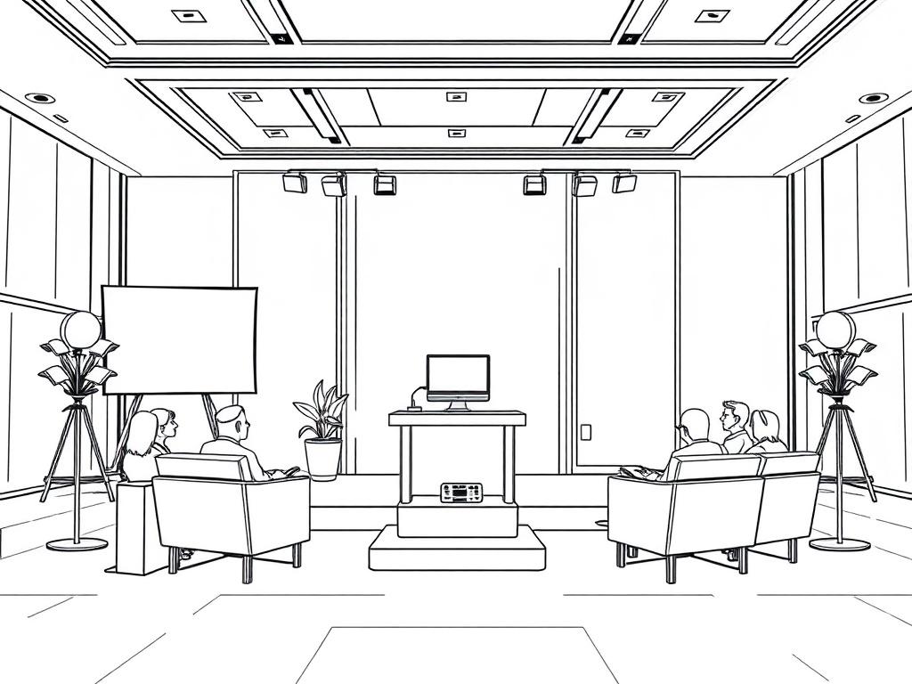 A high-quality illustration of a professional corporate event setup with a sleek conference room, featuring a modern podium, comfortable seating, and high-tech presentation equipment. The ambiance should be professional yet inviting, encouraging interaction among attendees. The background should reflect a corporate environment without distractions.