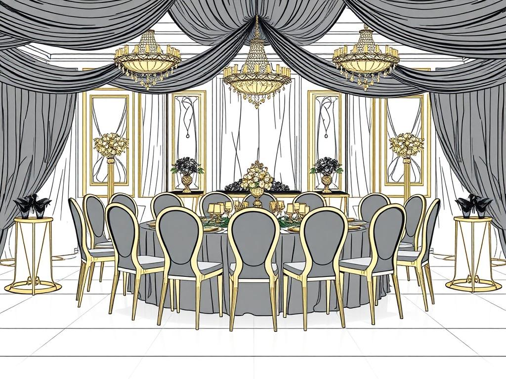 A high-quality illustration of an elegant gala event setup with black and gold decorations, featuring a beautifully arranged dining table, soft lighting, and stylish chairs. The scene should evoke luxury and sophistication, with a focus on the central table setting and the ambiance. Ensure the background is subtle and complements the elegant theme.