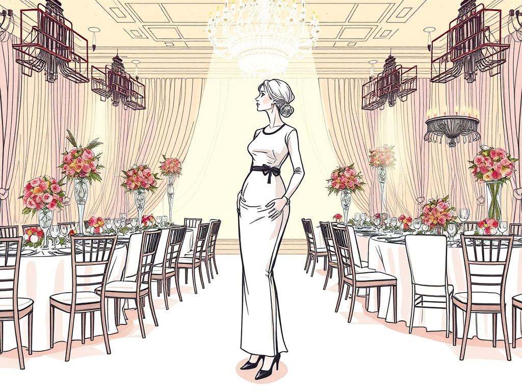Create a high-quality illustration that embodies the essence of a blog titled "L'Art de l'Événementiel." The composition should be simple and clear, focusing on a single subject: a graceful event planner standing confidently amidst a beautifully arranged event setting. The planner should be depicted wearing elegant attire, symbolizing sophistication and professionalism, with a thoughtful expression as they look around, ensuring every detail is in place.

In the background, showcase a lavish event scene that