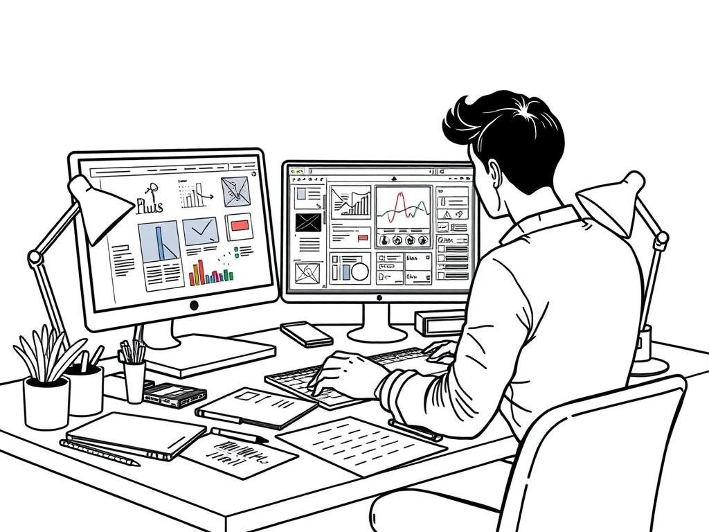 Create a high-quality illustration of a graphic designer working at a desk with various design tools around them. The designer is focused on a computer screen displaying vibrant graphics, with sketches and color palettes scattered on the desk. The background should be minimalistic to emphasize the designer and their work, using crisp, solid black line drawings. Incorporate the primary color rgb(3, 125, 201) subtly in the design elements on the screen and tools.