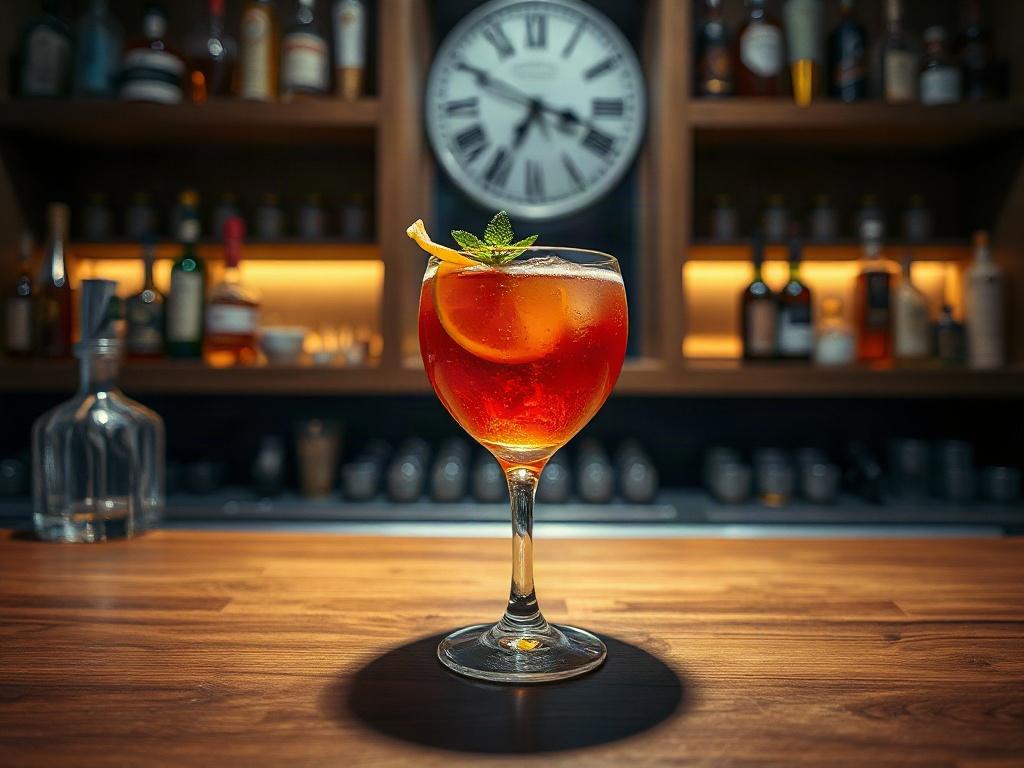 **Prompt for AI Image Generator:**

Create a realistic high-resolution photo titled "The Art of Craft Cocktails." The image should feature a single, beautifully crafted cocktail positioned prominently in the center of the composition. The cocktail should be a vibrant, visually appealing concoction served in an elegant glass, adorned with a fresh garnish such as a twist of citrus peel or a sprig of mint. 

The background should be soft-focused and subtly illuminated to give a warm ambiance, featuring wooden 